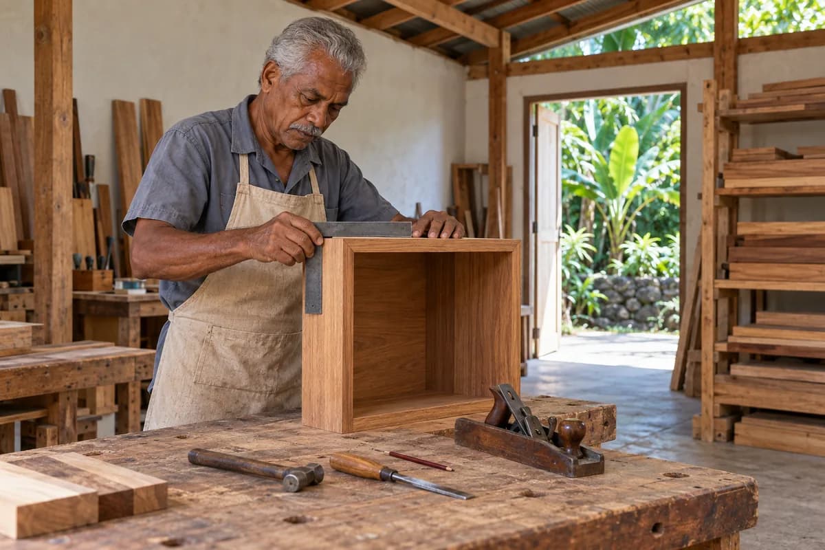 An older joiner checking a timber cabinet frame with a carpenter’s square at his workshop bench.